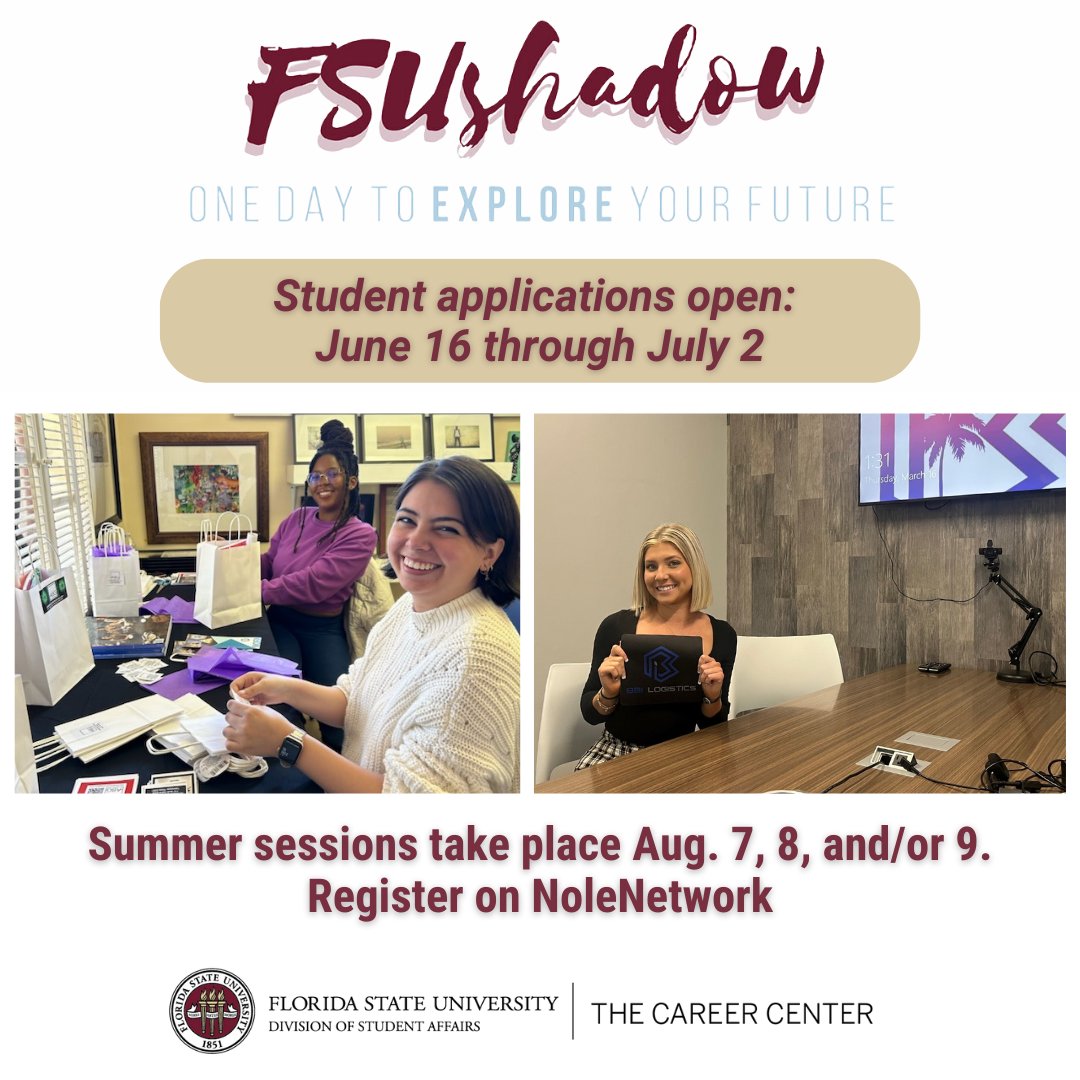 FSUCareerCenter's tweet photo. Applications are now open for this summer’s FSUshadow session! 

FSUshadow gives students a one-day job shadowing experience in a career field of interest!

Head to NoleNetwork and use the employer name “FSUshadow” to peruse opportunities and apply.
Link: https://t.co/CJ46UL9V0b https://t.co/sbQxvimYi9