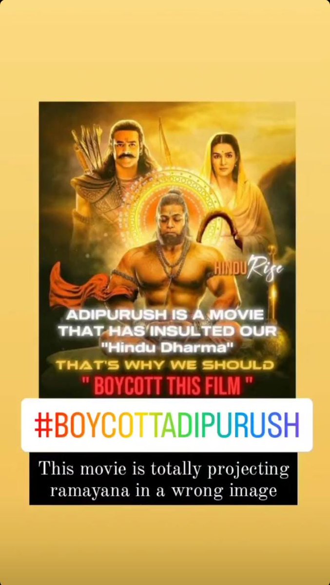 This movie is not acceptable at all because it doesn't seems like Sanatan Ramayana but foreign Harry Potter This will sit in the minds of next generation youth that this is not a truth but a fictional story similar to Harry Potter.. #BoycottAdipurush 
@randomsena @RKarvara