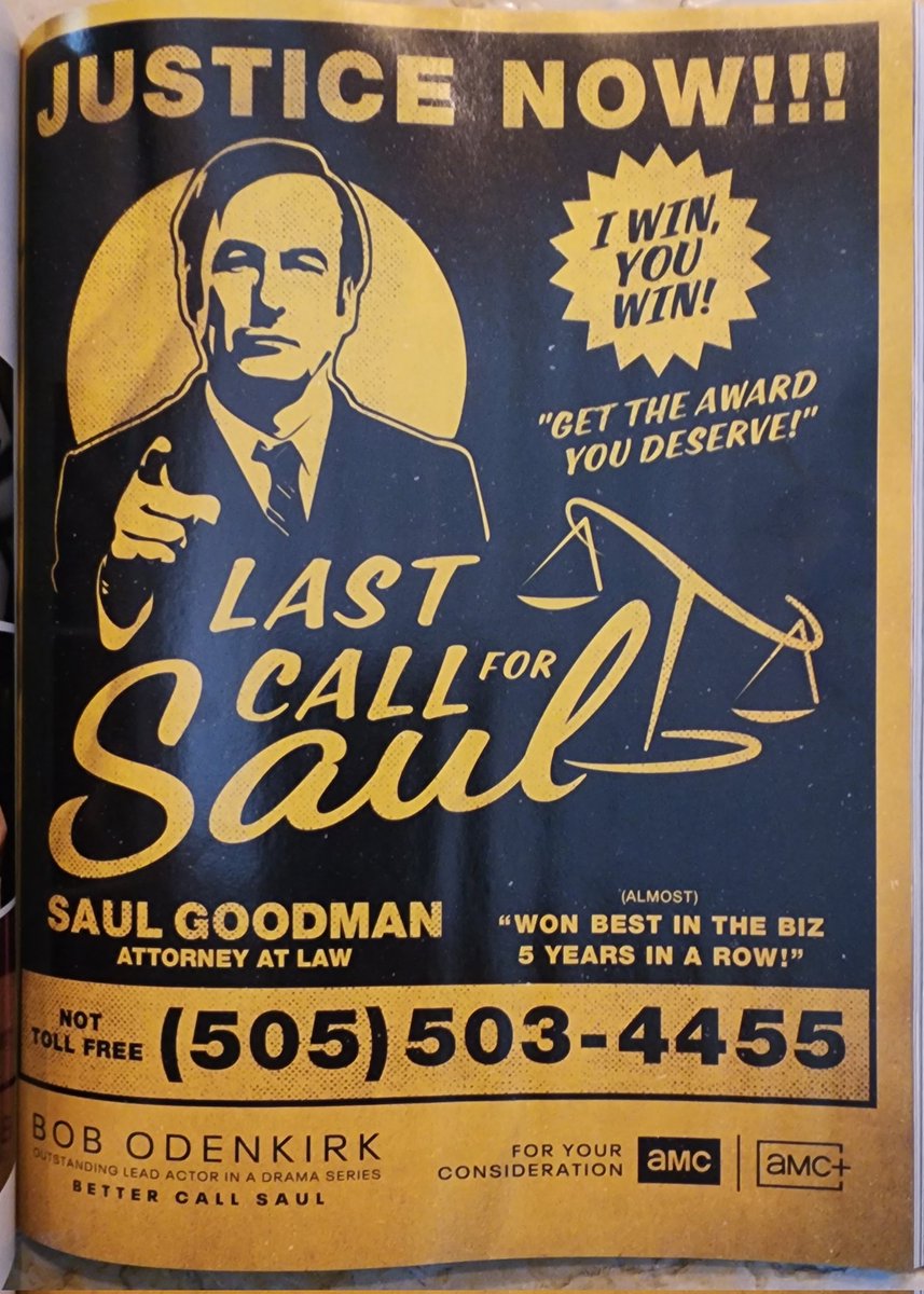 It's #Emmys voting time, and the magazines have been light on #BetterCallSaul reminders, but found this cool one today. Crossing my fingers for @mrbobodenkirk, @rheaseehorn & @petergould for writing/directing the outstanding finale.