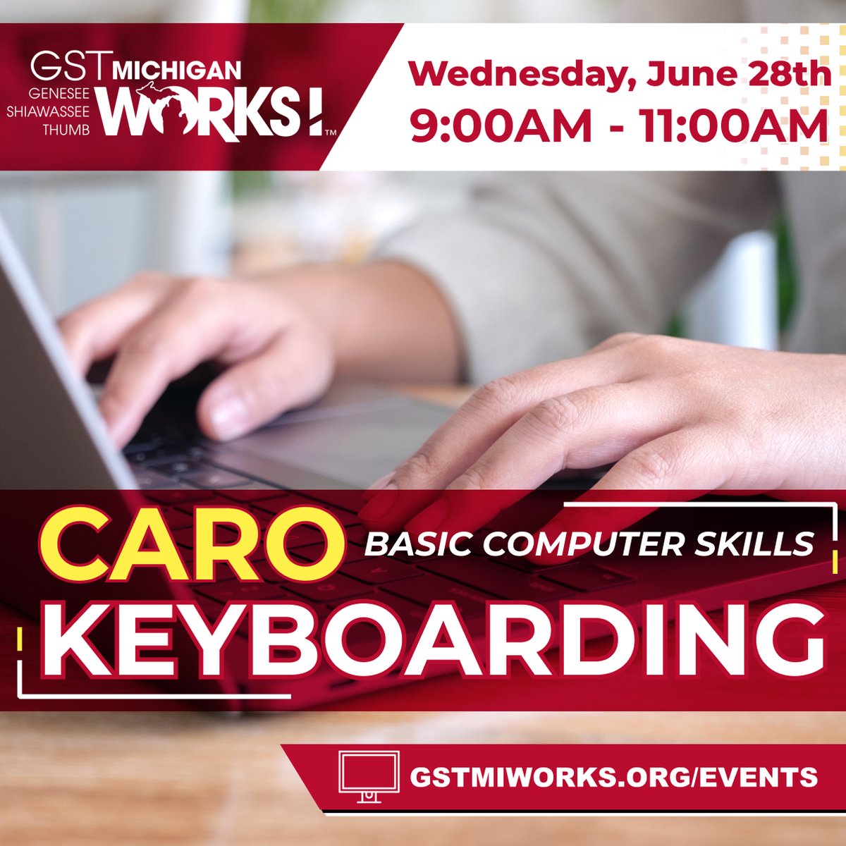 Learn to effectively use/navigate a keyboard & type in the workplace at the Basic Computer Skills event in Caro! 

Join us on June 28th from 9 - 11am. Limited seating, call to reserve your spot today!
 
Learn more about at gstmiworks.org/events.
#keyboarding #computerskills