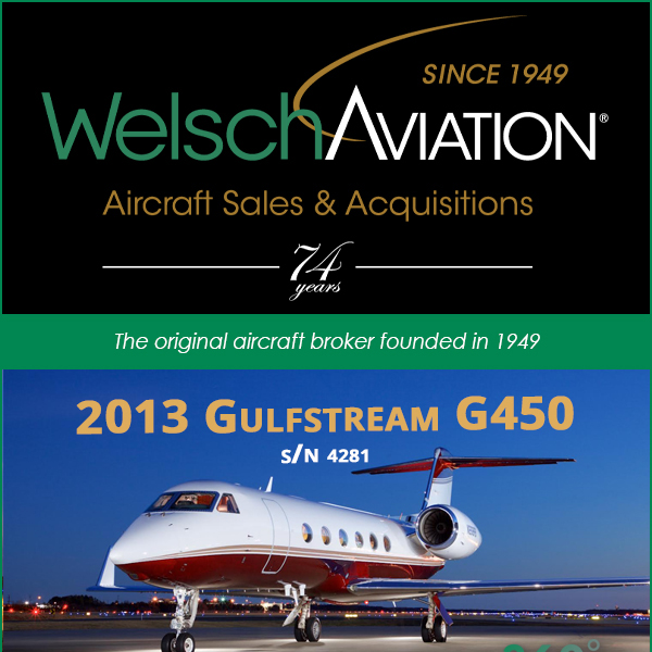 Newest #Gulfstream #G450 available at Welsch Aviation
12/24/36 month c/w 6/23
More details at: https://t.co/w4zSRaMZrd
#bizav #aircraftforsale #privatejet #privateflying #jetforsale #businessaviation

Join our mailing list here: https://t.co/Qb5ens9P23