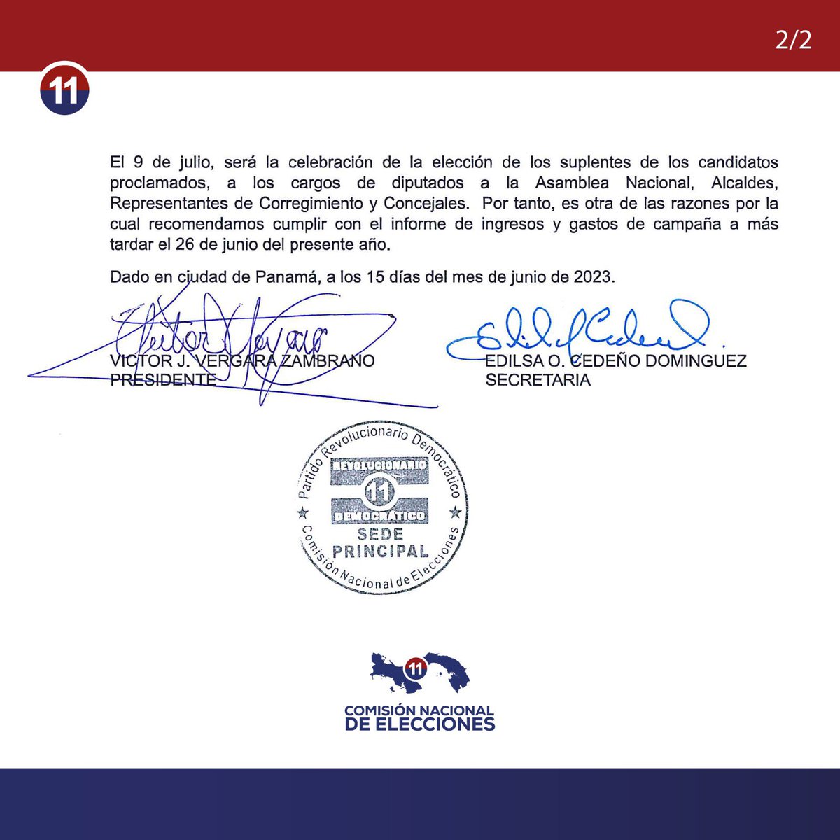 PRDesPanama's tweet photo. 🚨Comunicado🚨

La CNE recuerda a todos los precandidatos proclamados en la eleccion primaria del domingo 11 de junio, que la fecha limite para entrega de informe de ingresos y gastos de su campaña, es a más tardar el 26 de junio del presente año.

#PrimariasPRD #EresPRD https://t.co/4s0n4na2Aj