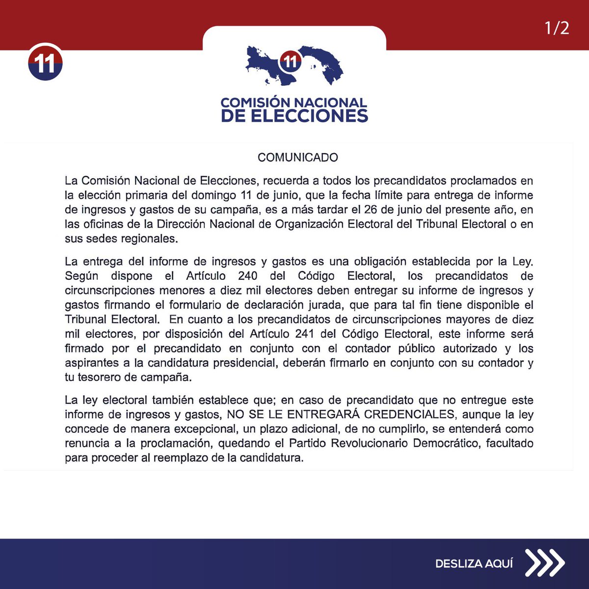 PRDesPanama's tweet photo. 🚨Comunicado🚨

La CNE recuerda a todos los precandidatos proclamados en la eleccion primaria del domingo 11 de junio, que la fecha limite para entrega de informe de ingresos y gastos de su campaña, es a más tardar el 26 de junio del presente año.

#PrimariasPRD #EresPRD https://t.co/4s0n4na2Aj