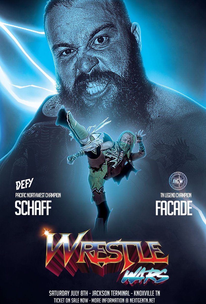 NextGenTN's tweet photo. Match Announcement!

The DEFY PNW Champion #Schaff defends his title against NGW Tennessee Legend Champion “The Neon Ninja” Facade!

Live at July 8th’s Wrestle Wars! 

Be there at Jackson Terminal in Knoxville, Tennessee!

Get 🎟️ at: https://t.co/p3JJsjUtvU https://t.co/yXRnx5qA2P