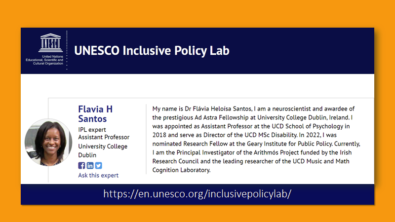 Dr Flavia H. Santos, joint Director of the MSc #Disability at University College Dublin, is a member of the @UNESCO Inclusive Policy Lab!☘️

#InclusivePolicies #SDG3 #SDG4 #SDG5 #SDG10

en.unesco.org/inclusivepolic…