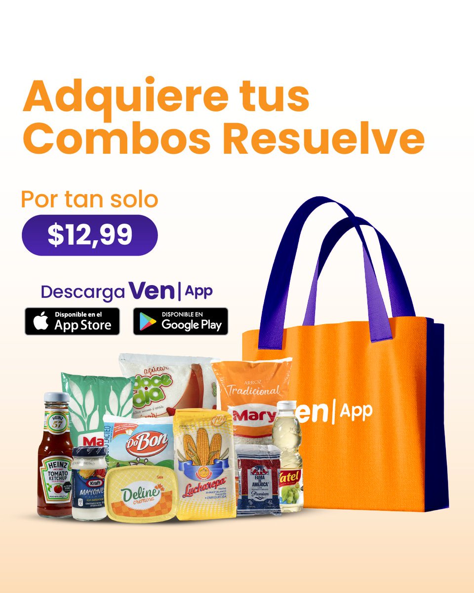 ¡Llegaron los Combos Resuelve a VenMarket!🧡🛒 Resuelve la semana por tan solo $12,99 en VenApp Y de obsequio delivery GRATIS sólo Caracas y una bolsa ecológica😉🧡