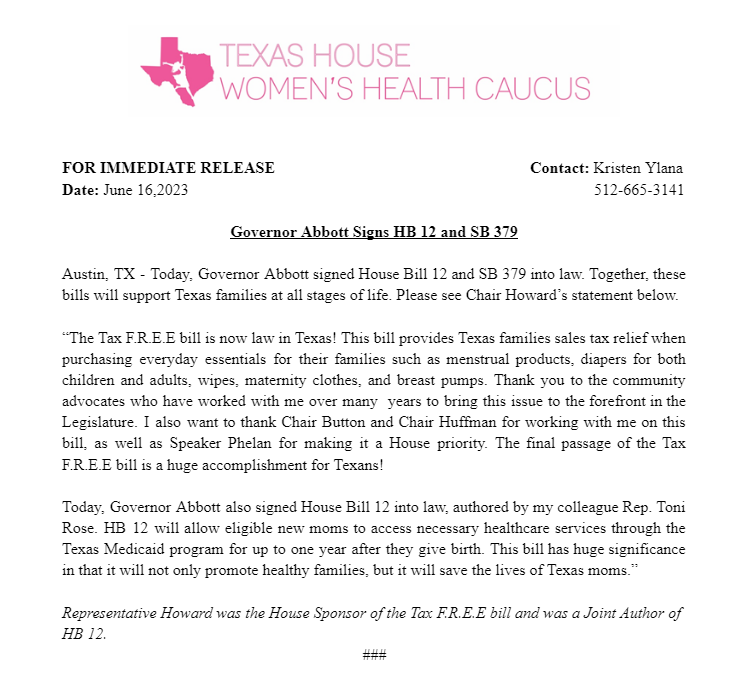 TXHouseWHC's tweet photo. Today, @GovAbbott signed two important bills into law - HB 12 by @RepToniRoseTX and sponsored by @LoisKolkhorst and SB 379 by @joanhuffman and Chair @DonnaHowardTX. These bills will support Texans at all stages of life. Please see Chair Howard's statement below. #txlege https://t.co/NKCdl0N6dt