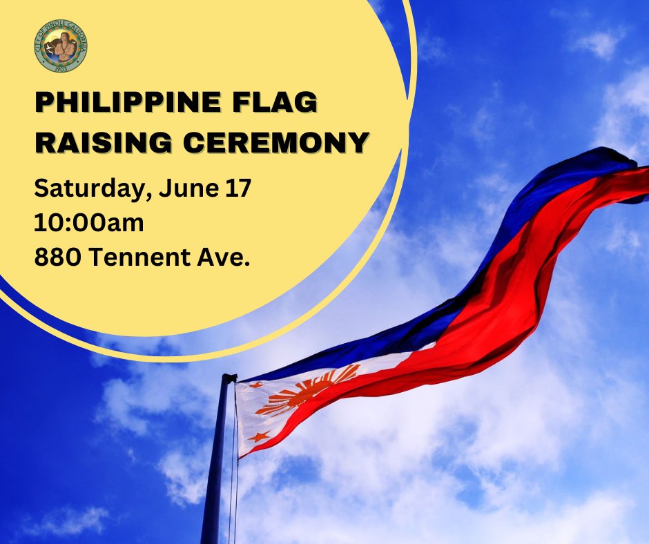 Tomorrow at 10am the City of Pinole will commemorate Philippines Independence Day with a flag raising ceremony in front of the Public Safety building on 880 Tennent Ave.

#PhilippineIndependenceDay #ArawNgKalayaan #flagraising #ceremony #cityofpinole #visitpinole #Filipino #flag