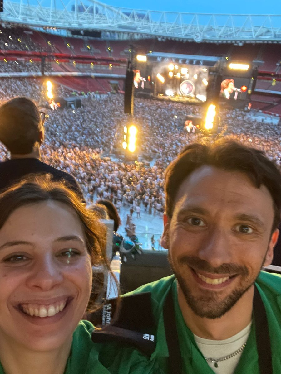 Our London Bridge and Bankside unit will be on duty for all 3 @ArcticMonkeys concerts at #EmiratesStadium this week alongside @stjohnambulance volunteers from across London and beyond.

Here are two of our First Aiders at tonight's concert. #StJohnPeople