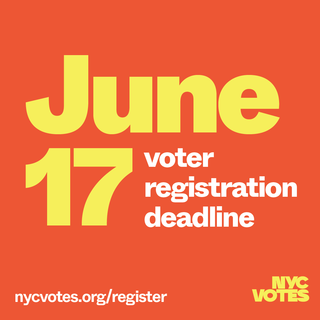 NYCVotes's tweet photo. Last chance: Today (Saturday, June 17) is the deadline to register to vote in the June primary election. 

Register at https://t.co/HU2v0jXN2r.

❗NYC holds closed primary elections: you must be registered with a political party to vote in their primary. https://t.co/5KLj5YCQnw