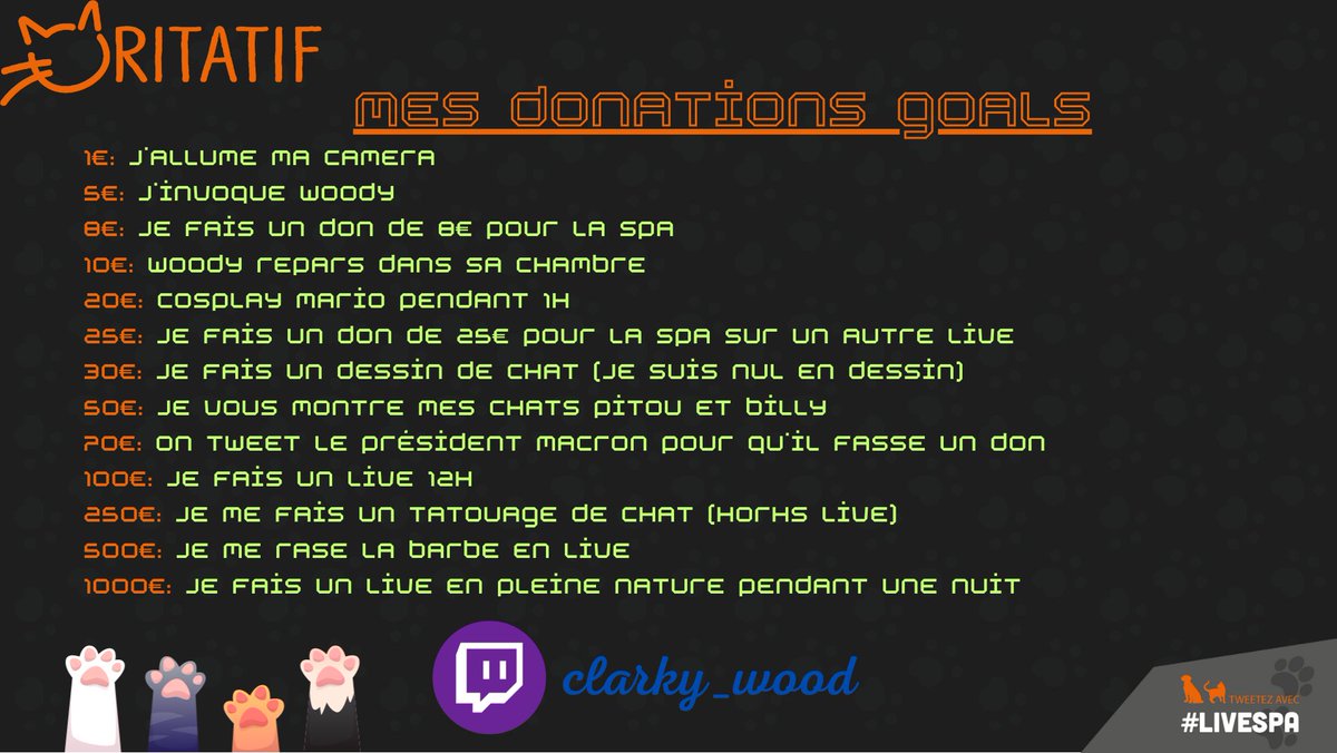 Les donations goals sont là! #LiveSPA
<a href="/SPA_Officiel/">La SPA France</a>
<a href="/caritaguilde/">Caritaguilde.org</a>
On se retrouve lundi 13h sur twitch.tv/clarky_wood pour lancer l'event de mon côté! L'event commence à minuit cette nuit, retrouvez les live des différent.e.s participant.e.s sur caritaguilde.org
