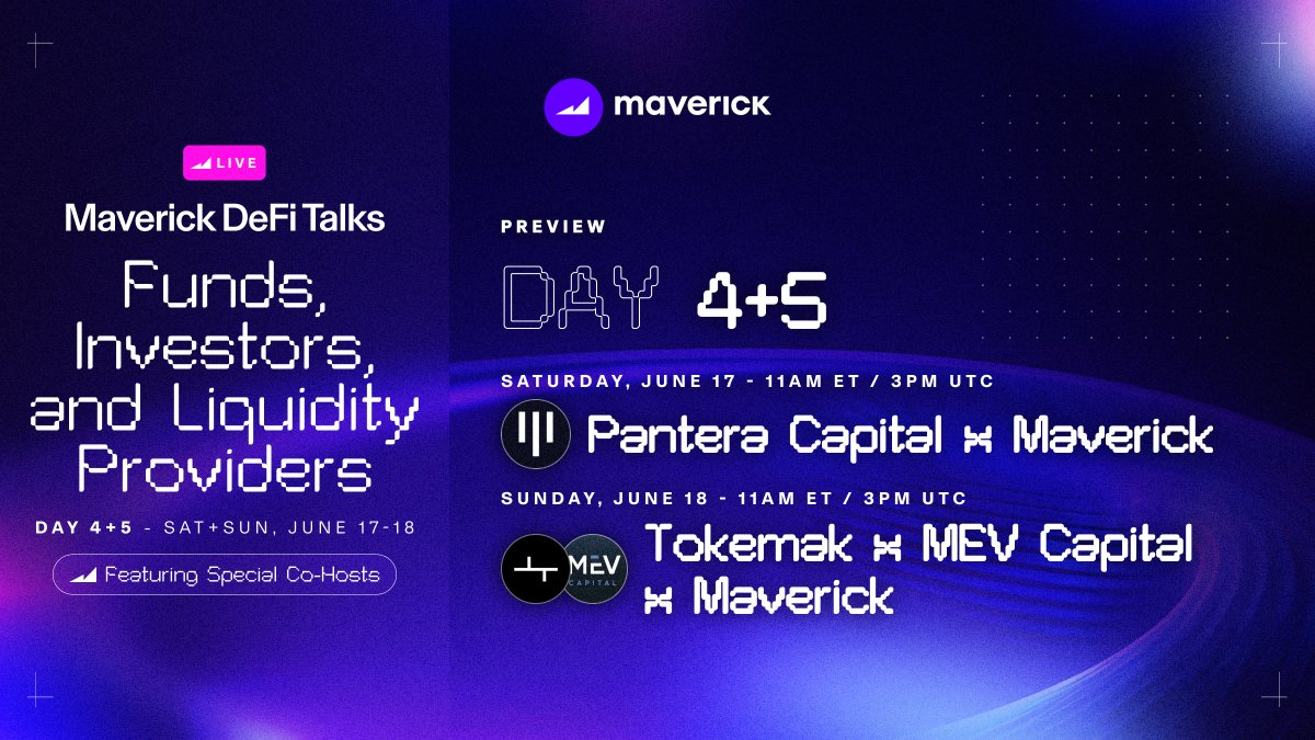 Maverick Protocol (@mavprotocol) on Twitter photo This weekend, we are closing Maverick 5-Day DeFi Talks with two special conversations on building the next-gen efficiency in DeFi.
Sat 6/17 11AM ET <a href="/PanteraCapital/">Pantera Capital</a>
Sun 6/18 11AM ET <a href="/TokenReactor/">TOKEMAK backup</a> <a href="/MEVCapital/">MEV Capital</a>
RSVP👇 This weekend, we are closing Maverick 5-Day DeFi Talks with two special conversations on building the next-gen efficiency in DeFi.
Sat 6/17 11AM ET <a href="/PanteraCapital/">Pantera Capital</a>
Sun 6/18 11AM ET <a href="/TokenReactor/">TOKEMAK backup</a> <a href="/MEVCapital/">MEV Capital</a>
RSVP👇