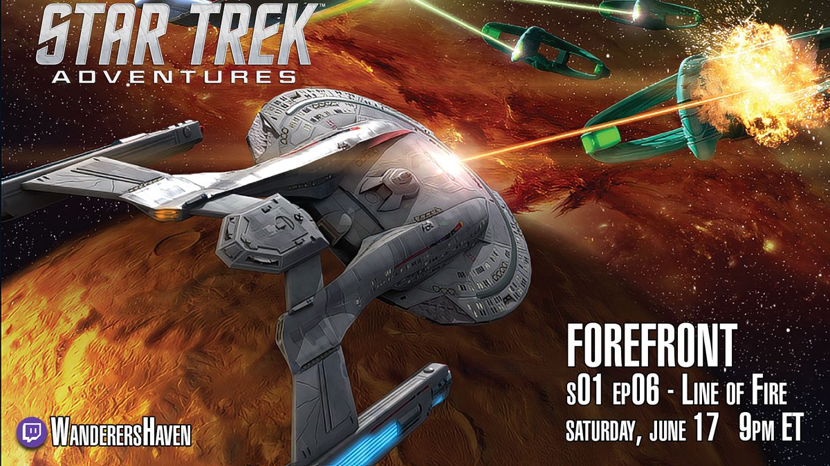 Then, at 9pm ET on 6/17/23, come back for some Star Trek Adventures! The crew is about to face off with a Romulan warbird on episode 6, Line of Fire!
With @GM_AdmirAl, @Nenad, @_sundanceSid, @SwordCompass, @KevranGames, @BellaBeeNow
& @w0rkinman!  #StarTrekAdventures #ActualPlay
