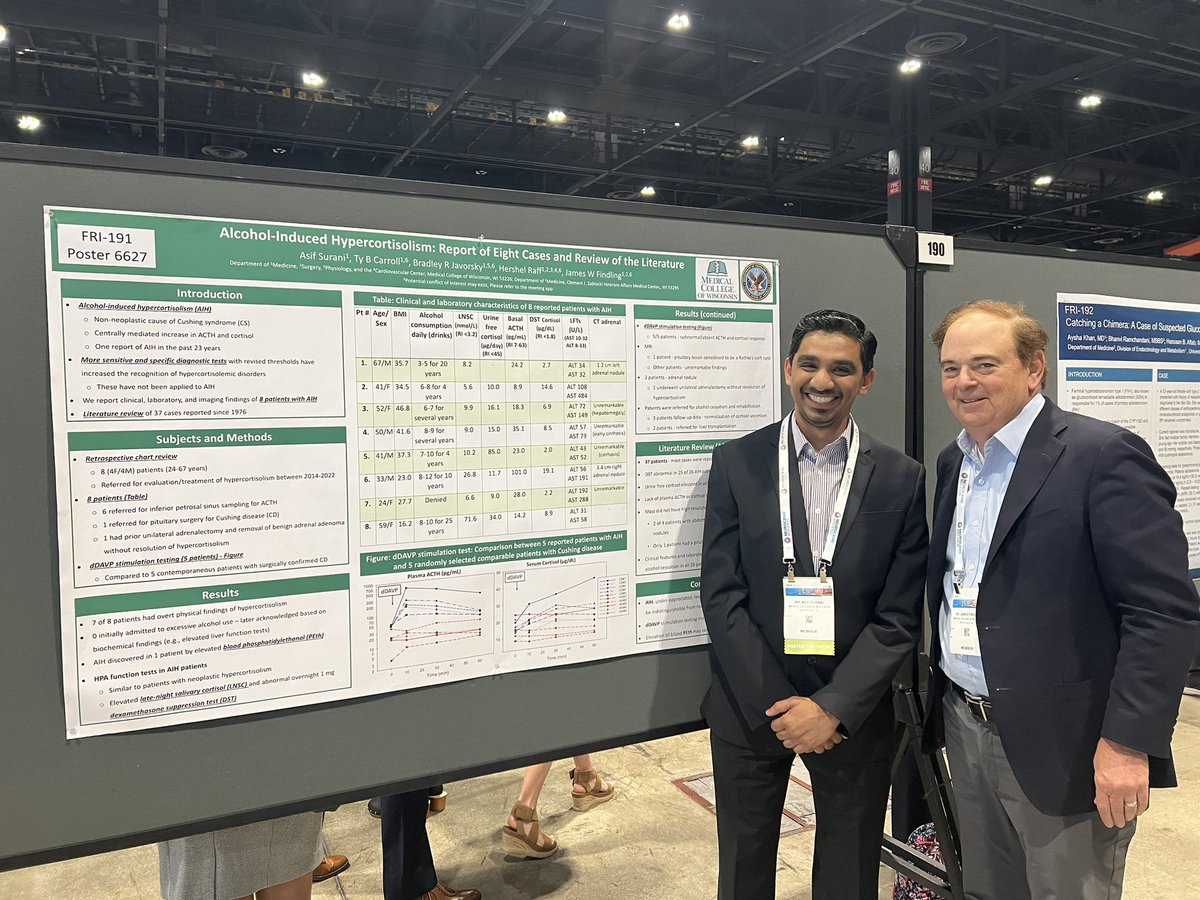Enjoyed the @MedicalCollege @MCWSurgery adrenal posters at #ENDO2023 looking at POD1 cosyntropin stim testing after adrenalectomy to determine the need for glucocorticoid replacement and one of the largest series of alcohol-induced hypercortisolism.
@TheEndoSociety