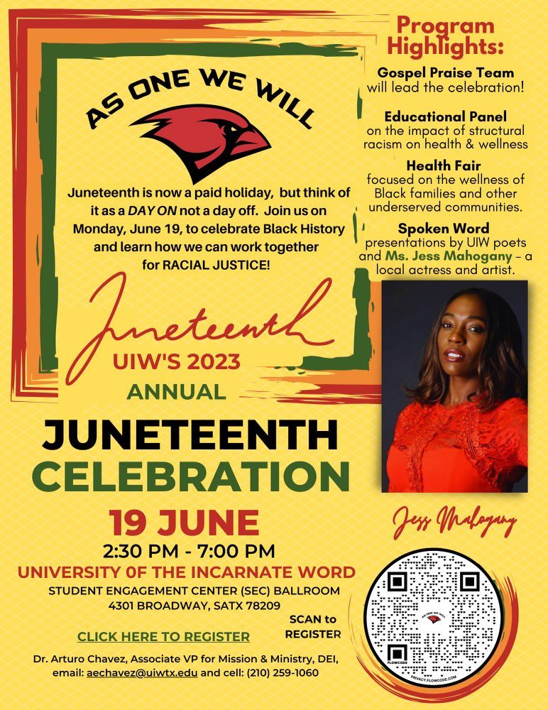 “Don’t think of it as a day off – think of it as a day on!”

UIW will hold its annual Juneteenth Celebration on Monday, June 19. We invite all of our UIW alumni and friends to join us for an afternoon of celebrating and honoring Black History. 

Register &gt; uiw.givepulse.com/event/373029-U…