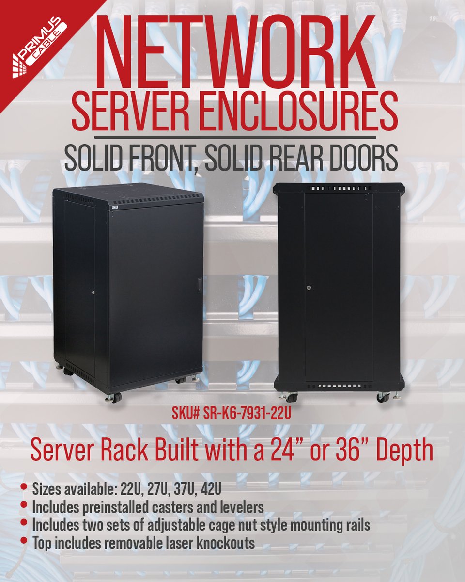 PrimusCable's tweet photo. Primus Cable Server Cabinets are designed and built to U.S. industry standards and provide a customizable solution for data center build-outs, network rooms, or IT closets. Learn More: https://t.co/yh5AdUv8t8
#primuscable #cablemanagement #networkracks #networksystem #DataCenter https://t.co/Ha8ZPYJvq9