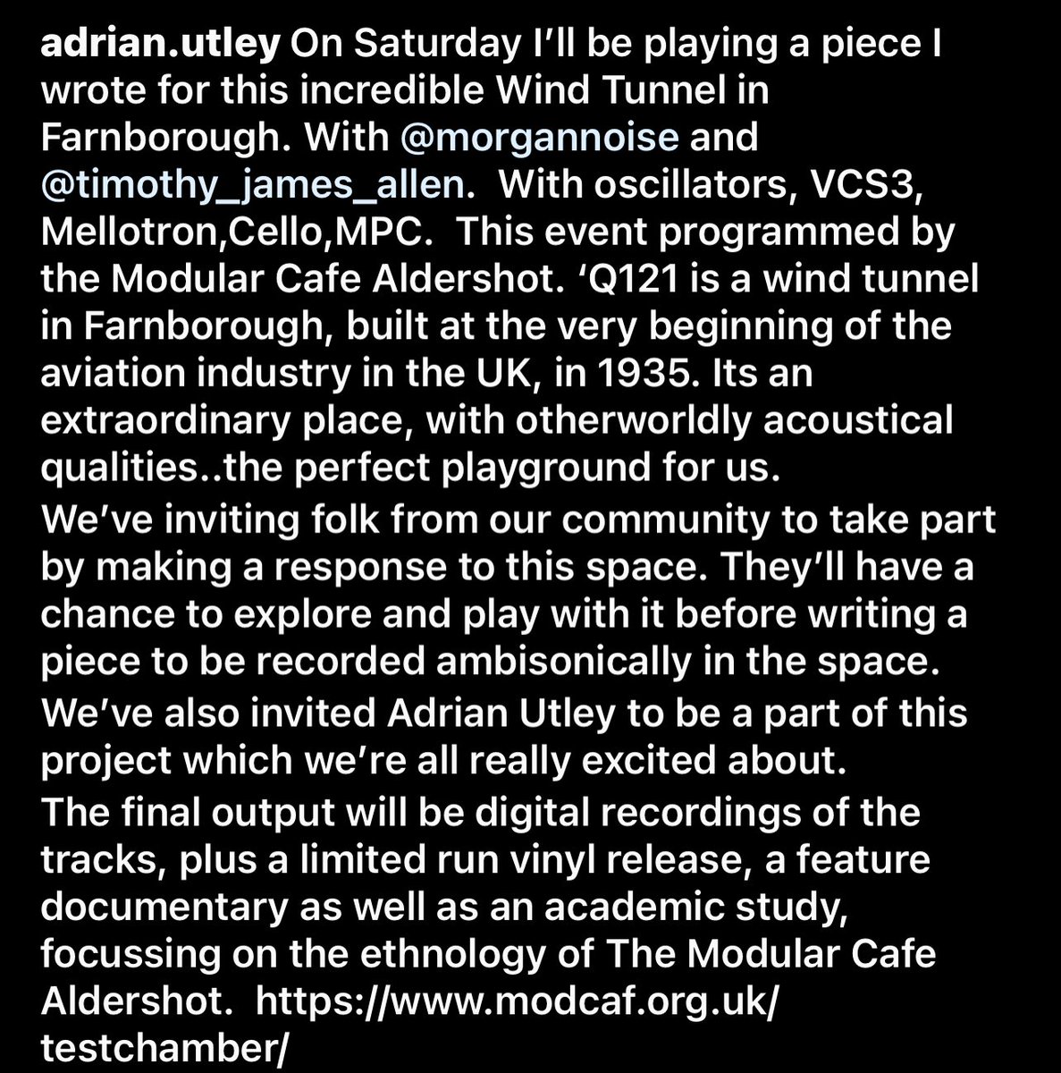 adrianutley's tweet photo. On Saturday I’ll be playing a piece I wrote for this incredible Wind Tunnel in Farnborough. With Drew Morgan cello and T J Allen MPC I play Oscillators, VCS3, Mellotron. The event is programmed by the Modular Cafe Aldershot.  https://t.co/ISb2IElgEe https://t.co/xTXmgXwPP5