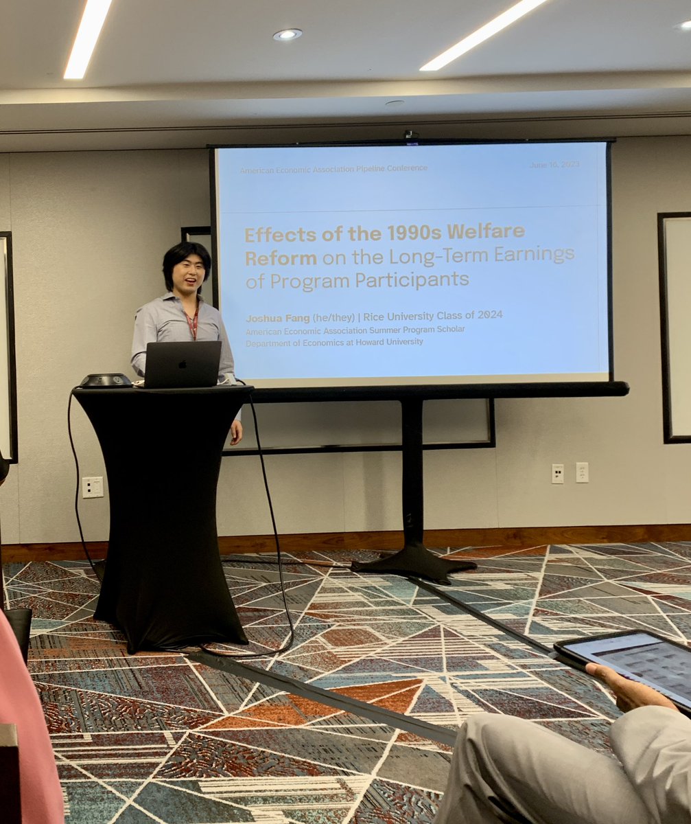jfang07's tweet photo. I had a great time today at the AEA Pipeline Conference presenting about my prospective research project on the effects of the 1990s welfare reform on the long-term earnings of program participants. Thank you to @FranciscaAntman and @TrevonDLogan for organizing this great event! https://t.co/4t0F643ChP