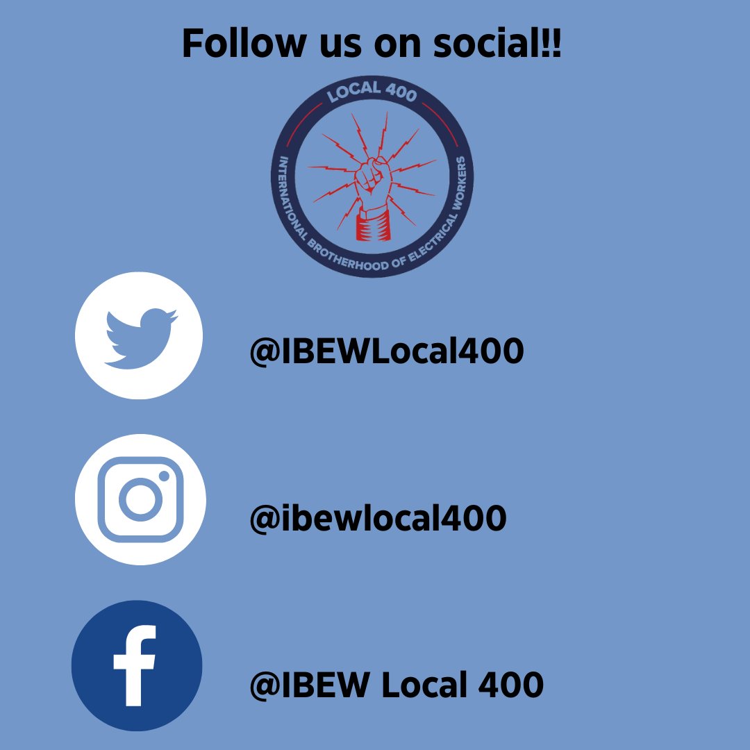 IBEWLocal400's tweet image. Welcome to our social media page! Be sure to follow us on all three of our platforms for the latest news, events, updates, member spotlights and so much more! #localstrong #unionstrong #ibewlocal400