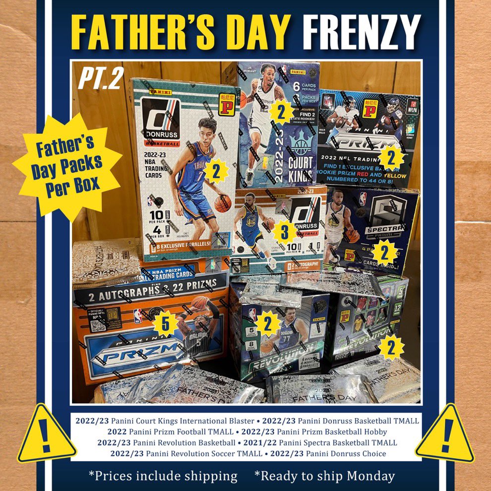 FrankCardMarket's tweet image. 🚨 FATHER'S DAY SALE 🚨

*Prices include shipping

Prizm Football TMALL $165

Prizm Basketball Hobby $495

Revolution Basketball $85

Spectra Basketball TMALL $80

Revolution Soccer TMALL $120

Donruss Choice $175

CK Intrntl Blasters -Sold Out

Donruss TMALL $70
