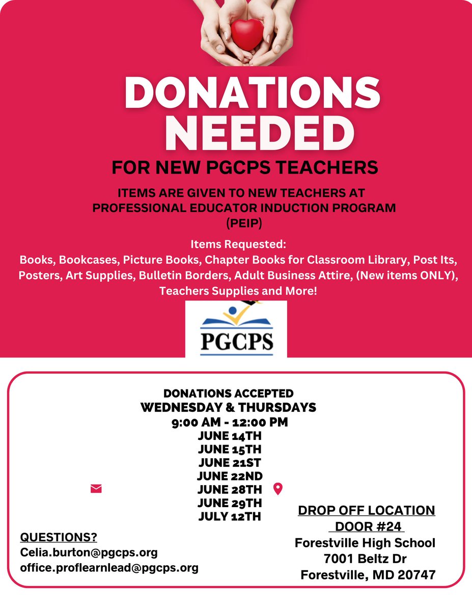 Another school year is in the books. As you transition into a well-deserved summer break, please consider donating new or gently used classroom or teacher items to our new teachers that we will welcome for SY23-24. @pgcps @OPLLpgcps See flyer below.