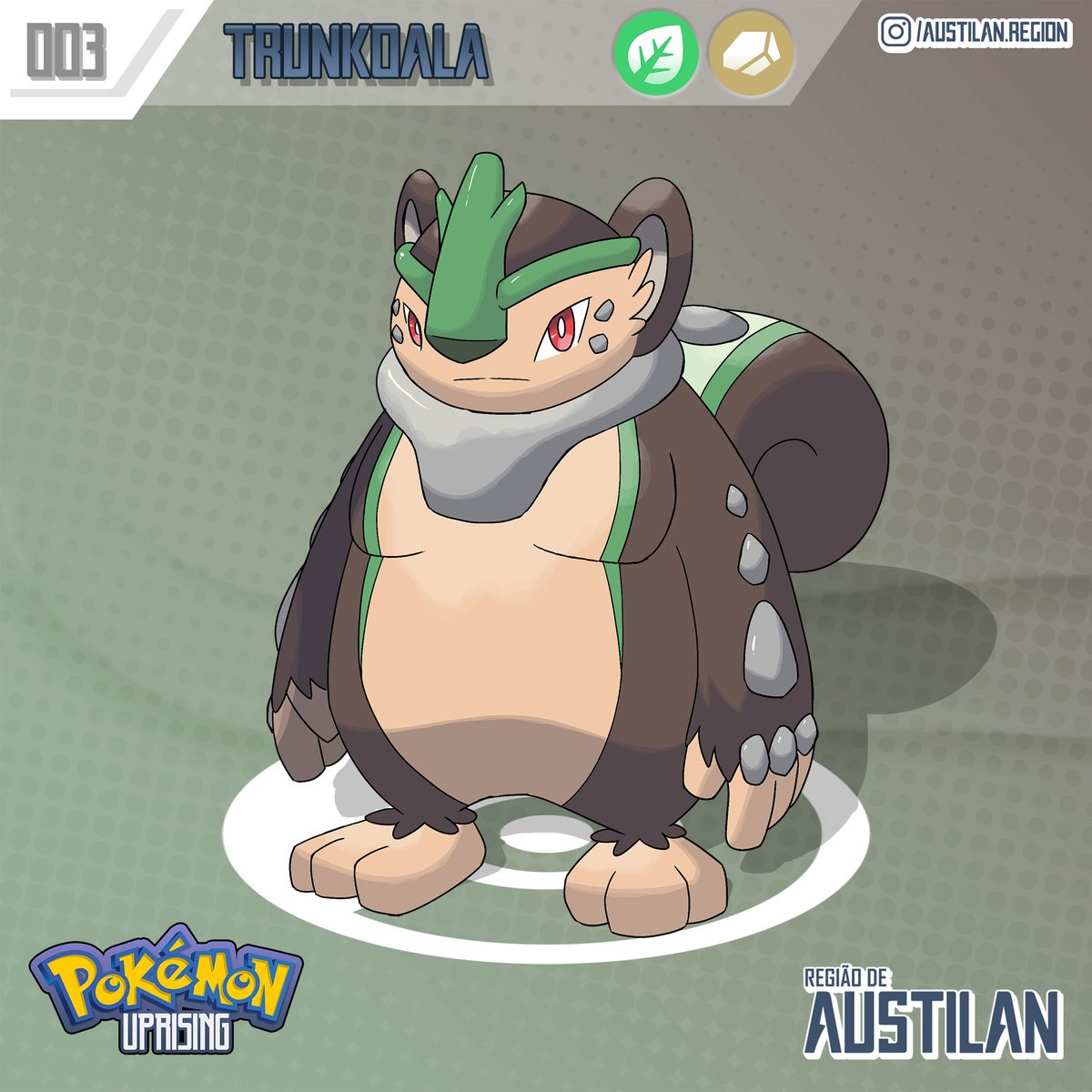 AustilanRegion's tweet photo. TRUNKOALA - The Robust Pokémon 

Grass starter final evo

Strong and tough, the rocks that grew around its neck and arms are a source of great pride.  
#pokemon #fakemon #オリポケ #hackrom https://t.co/jut374bmSa
