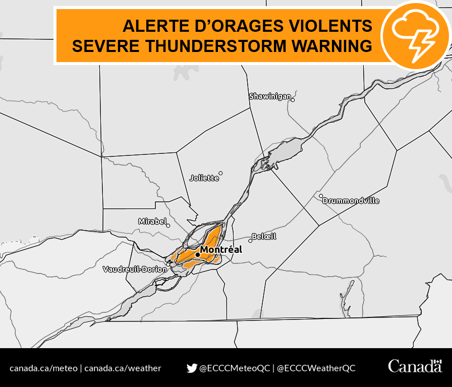 Un orage cause présentement de la pluie torrentielle sur l'est de la Ville de Montréal. De la grêle est également possible sous l'orage. Une alerte d'orages violents est en vigueur. 
#MeteoQC