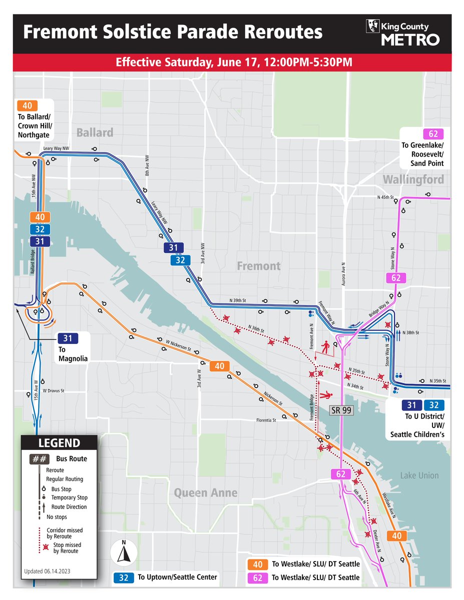 KingCountyMetro's tweet photo. Buses will help you get to the #Fremont #SolsticeParade, with some reroutes planned noon-5:30 p.m. Saturday, June 17, for routes 31, 32, 40 & 62.
🧙🧞🧜👽Parade info: https://t.co/pqyW3Nno91
🚏🚍Service advisories: https://t.co/sHZ2vgbtxM https://t.co/UJwcZpD3Nc