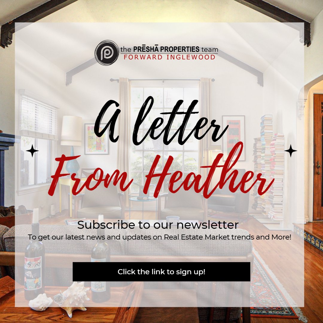 PreshaProps's tweet photo. "A Letter from Heather" Trends, listings, local events and more!

Click the link below to subscribe:
https://t.co/PjyGuYFG1z

Heather Presha
The Presha Properties Team/ Forward Inglewood
323.559.9081
Heather@PreshaProperties.com
https://t.co/Dw11O1GWAs

#RealEstate #Newsletter https://t.co/iXVzcEdQq2