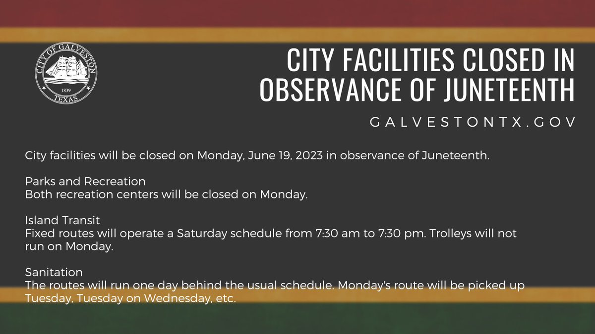 City facilities will be closed on Monday, June 19, 2023 in observance of Juneteenth.