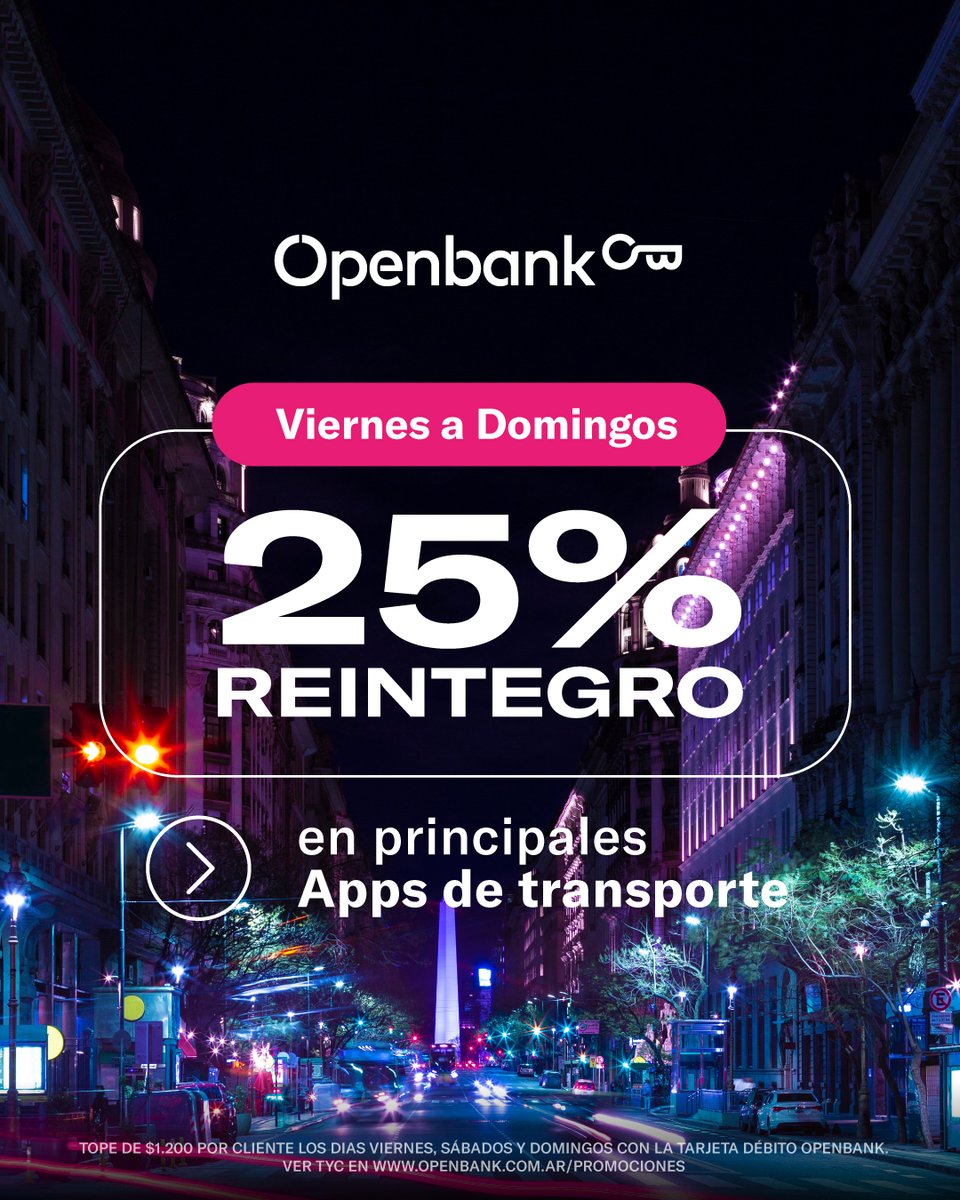 openbank_ar's tweet photo. Todos los viernes, sábados y domingos de junio, tenés un 25% de reintegro en tu app de transporte favorita pagando con tu Tarjeta Open, tope de $1.200 por cliente. 🚙 ¿A dónde te llevamos? 😉 

Aplican TyC. #WeAreOpen #Vivila #OpenbankArgentina https://t.co/U7lA2AeT6J