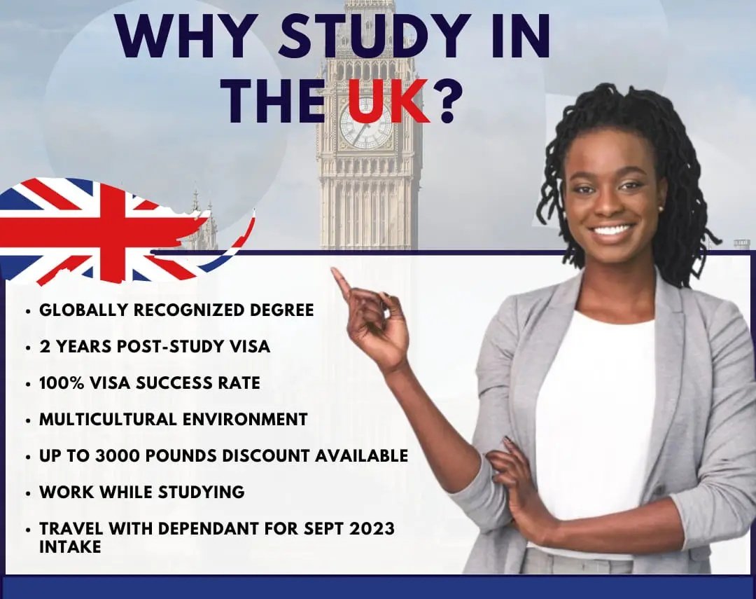 Why you should choose Uk

● UK are of shorter duration compared to the US or Australia. 

● Tuition cheaper than US or Australia. Access to scholarships and grants from institutions and universities in the UK.

● The UK student visa application process is simple.

●
