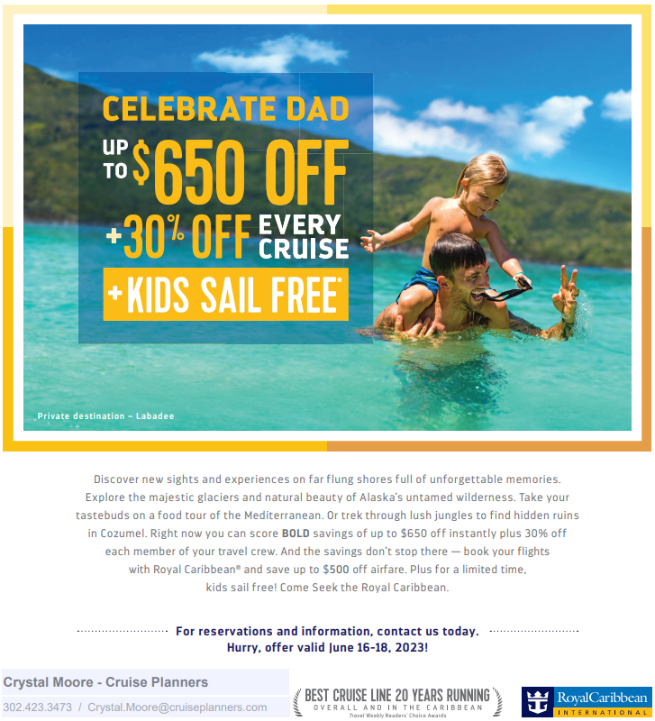 cmoorecrystal's tweet photo. 🔥 𝗙𝗮𝘁𝗵𝗲𝗿'𝘀 𝗗𝗮𝘆 𝗙𝗹𝗮𝘀𝗵 𝗦𝗮𝗹𝗲 🔥
   Offer valid June 16-18, 2023!

#FathersDay #FathersDay2023 #FlashSaleFriday #CruiseNews #hotdeals https://t.co/6NcQfvneXA