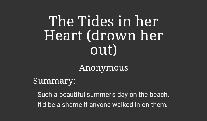 Caitvirecs's tweet photo. CAITVI FIC OF THE DAY IS!!
"The Tides in her Heart (drown her out) by Anonymous

read here: https://t.co/34dLG4g5lo

NSFW https://t.co/dbG2AIIG2c