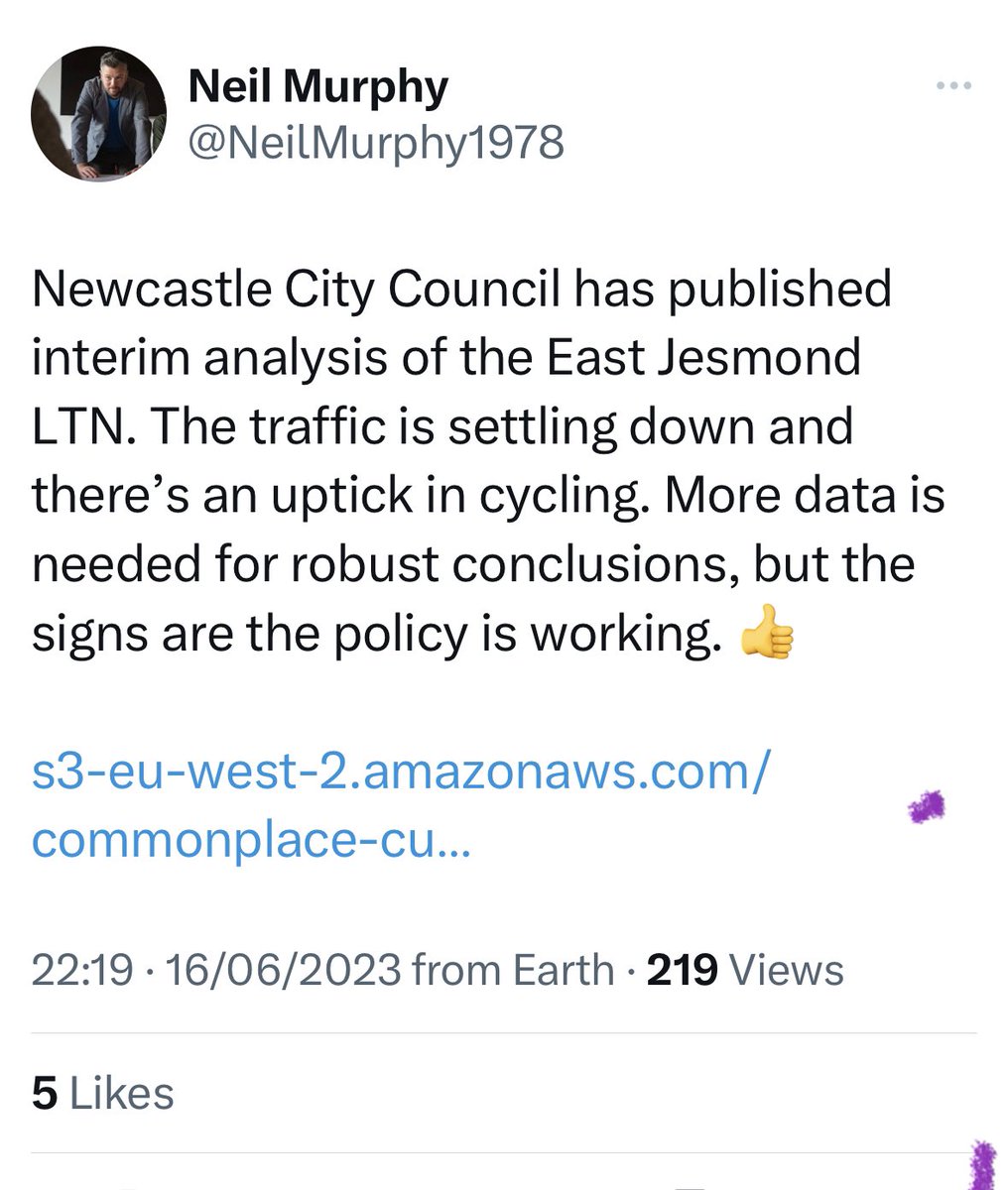 This chap is addicted to bikes with a true deep dislike of cars etc
Finds everything ‘Pro Bike’ but can’t find a single Tweet of a person who has modal changed!! 
@NeilMurphy1978 will Lobby people to Tweet but he’s a one trick pony, Chaos IS his scheme 🤷🏼‍♂️ #jesmond #ltn #ownagenda