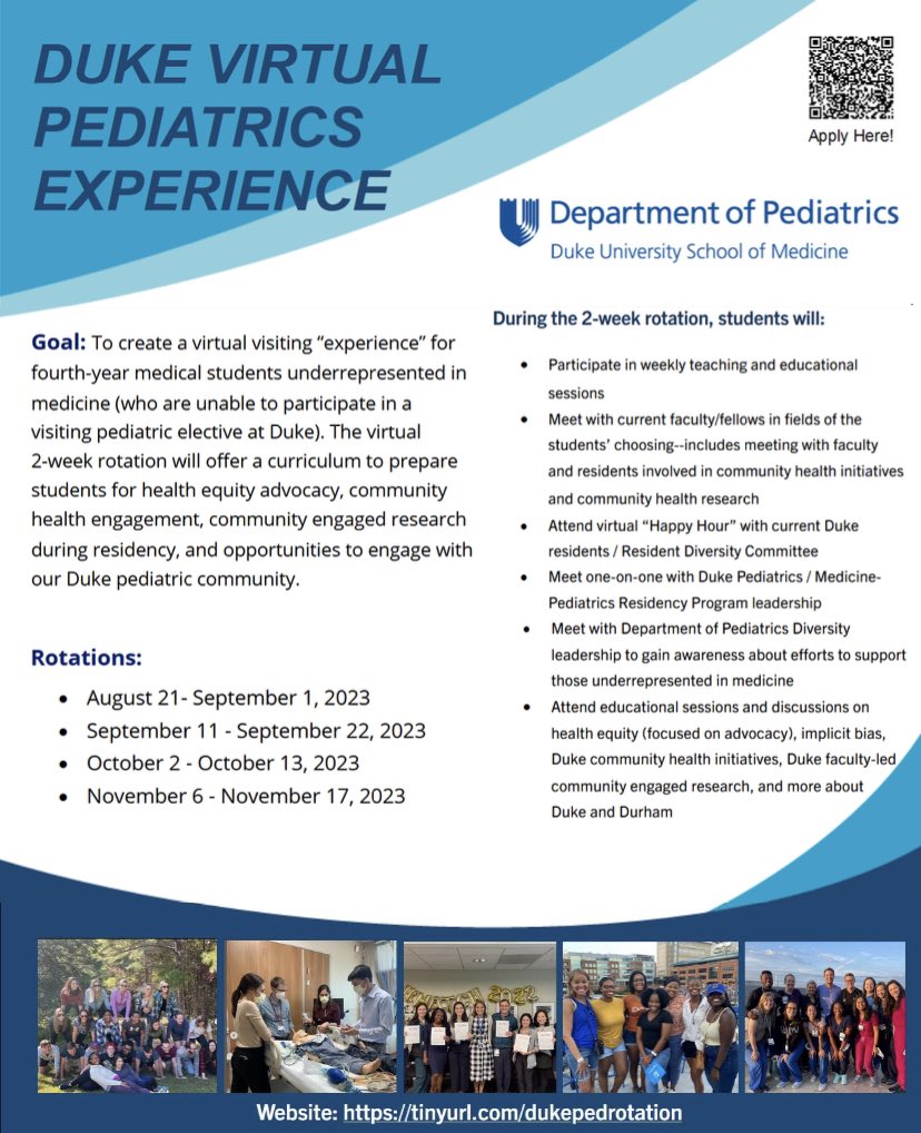 Attn: 4th year medical students! Duke Pediatrics is accepting applications for our Virtual Visiting Rotation for #pedsmatch2024 URiM applicants. Apply here: pediatrics.duke.edu/education/medi…