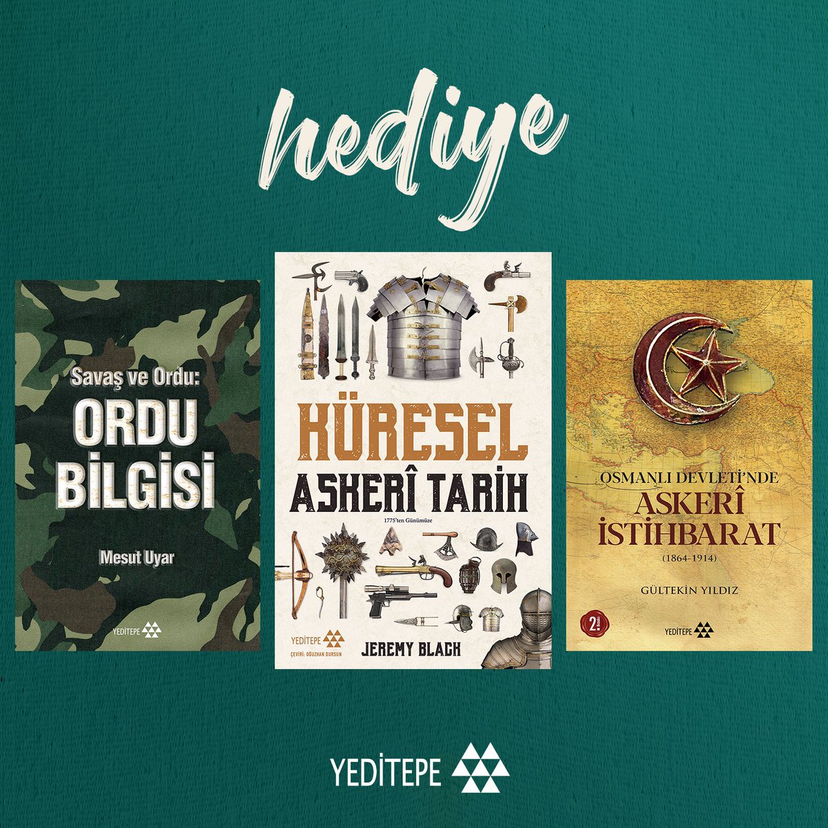 ÇEKİLİŞ | Askeri tarih alanında yayınevimizden çıkmış olan görseldeki 3 eseri bir takipçimize hediye ediyoruz. Yapmanız gereken; 🔸@yeditepekitap'ı takip et 🔸Bu tweeti RT et ve beğen 🔸Yoruma arkadaşlarını etiketle