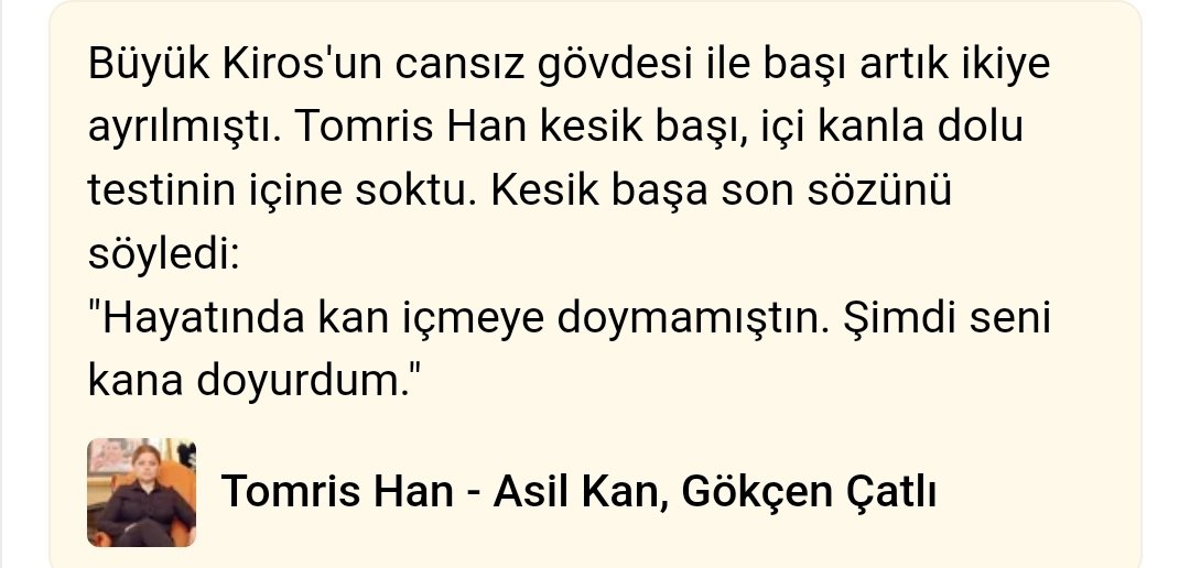 Kesik başa son sözünü söyledi:
'Hayatında kan içmeye doymamıştın. Şimdi seni kana doyurdum.'
#1000kitap #benimokumam #KitapAlıntıları #alıntı #kitapseverlertakiplesiyor #kitap #kitaptavsiyesi