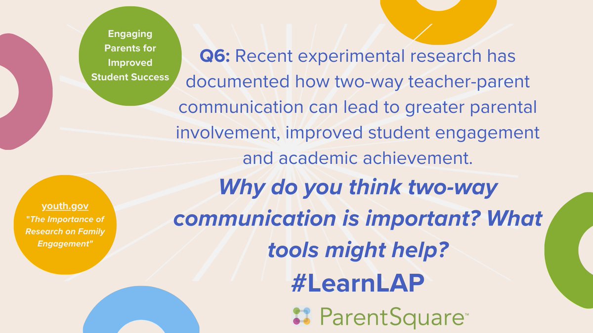 Q6: Recent experimental research has documented how two-way teacher-parent communication can lead to greater parental involvement, improved student engagement and academic achievement.
Why do you think two-way communication is important? What tools might help?
#LearnLAP