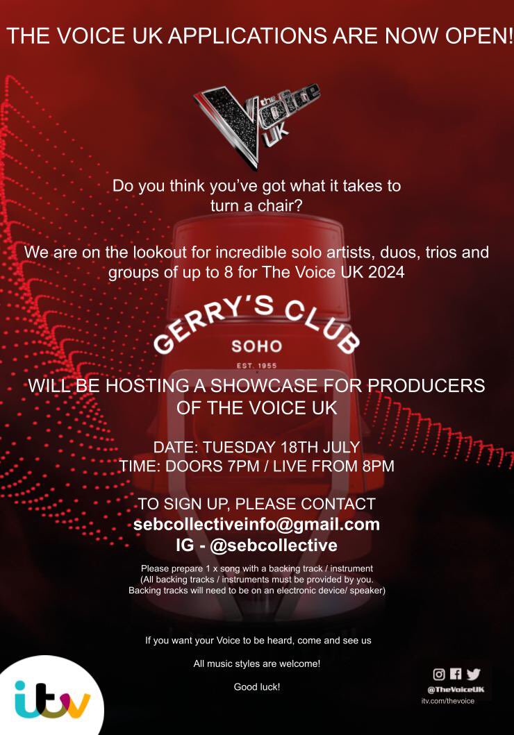 PopRevue (@poprevue) on Twitter photo The search is on for the UK VOICE of 2024
To have an opportunity to join in on this showcase at Gerry’s Tuesday 18th July
Email: sebcollectiveinfo@gmail.com
With social media links & live youtube performance (if possible)
#thevoiceuk #soholondon #gerrysclubsoho #savesoho RT The search is on for the UK VOICE of 2024
To have an opportunity to join in on this showcase at Gerry’s Tuesday 18th July
Email: sebcollectiveinfo@gmail.com
With social media links & live youtube performance (if possible)
#thevoiceuk #soholondon #gerrysclubsoho #savesoho RT