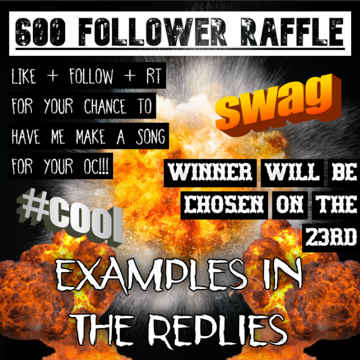 600 FOLLOWER OC SONG RAFFLE !!! >W<

INFO IN IMAGE AND ALT TEXT