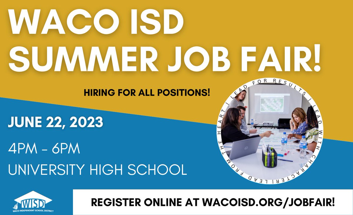 WacoISD's tweet photo. Waco ISD is hosting a job fair for all positions! On-the-spot interviews with a job offer to exceptional candidates with a completed application on file. For positions and to apply online, visit https://t.co/5hDOqwBesy
Pre-register for priority hiring at https://t.co/rd8fUhUHx7 https://t.co/z9zZAuwFdf