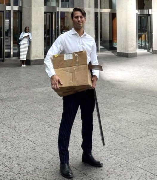 Here he is. Fox producer and former Tucker show Editor Alexander McCaskill, leaving Fox today with his stuff after getting fired for posting the ‘Wannabe Dictator’ chryon about Biden. Have a nice weekend!