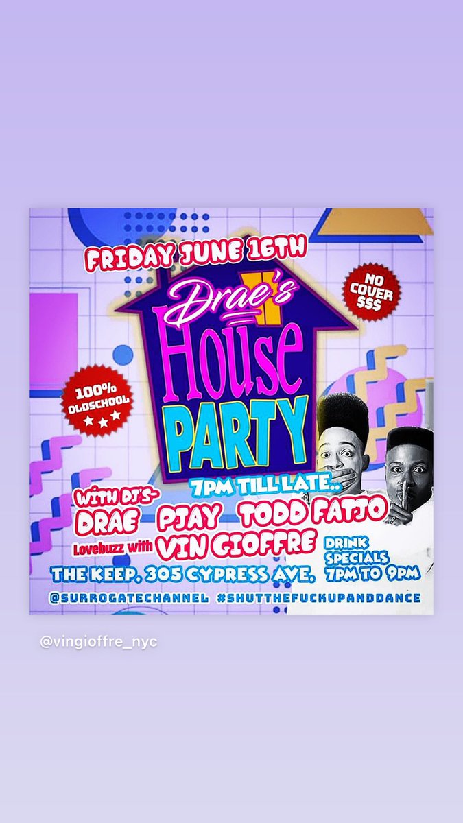 JackProductions's tweet image. 100% Oldschool Flavor / NO COVER / Lots of Vinyl &amp;amp; Digital delights. 

"Drae's House Party" with Pjay and Todd Fatjo, Drae + Vin Gioffre. 7pm-til late...

Don't be a square, come shake your ass! #thekeep #oldschool #oldschoolhiphop #freestyle #newwave #classicrock #dancemusic