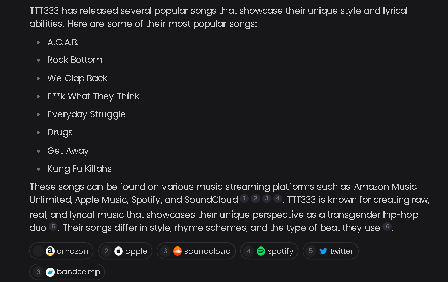 RapDemiGods's tweet photo. ๐ฅThis is what AI said about us.๐ฏ #perplexity #AI #TTT333 #TransRapDuo #rap #Rappers #trapmusic #trapbeat #trap #UndergroundHipHop #underground #Transgender #transgendermale #transgenderfemale #MTF #FTM #unsignedartists #Spotify #spotifyplaylist #unsignedartist #unsignedmusic https://t.co/mlLKlEySaH