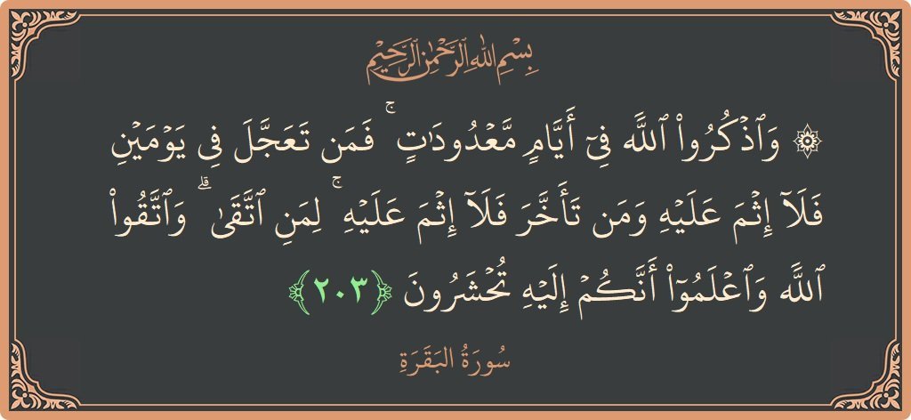 ¬°•|[ هل تعلم بُوركت؛ أن الله سبحانه وتعالى قد قال : واذكروا اللّه في أيام معدودات فمن تعجل في يومين فلا إثم عليه ومن تأخر فلا إثم عليه لمن اتقى واتقوا اللّه واعلموا أنكم إليه تحشرون، وأن الأيام المعدودات هي أيام التشريق التي تلي يوم النحر أيام الحادي عشر والثاني عشر والثالث عشر