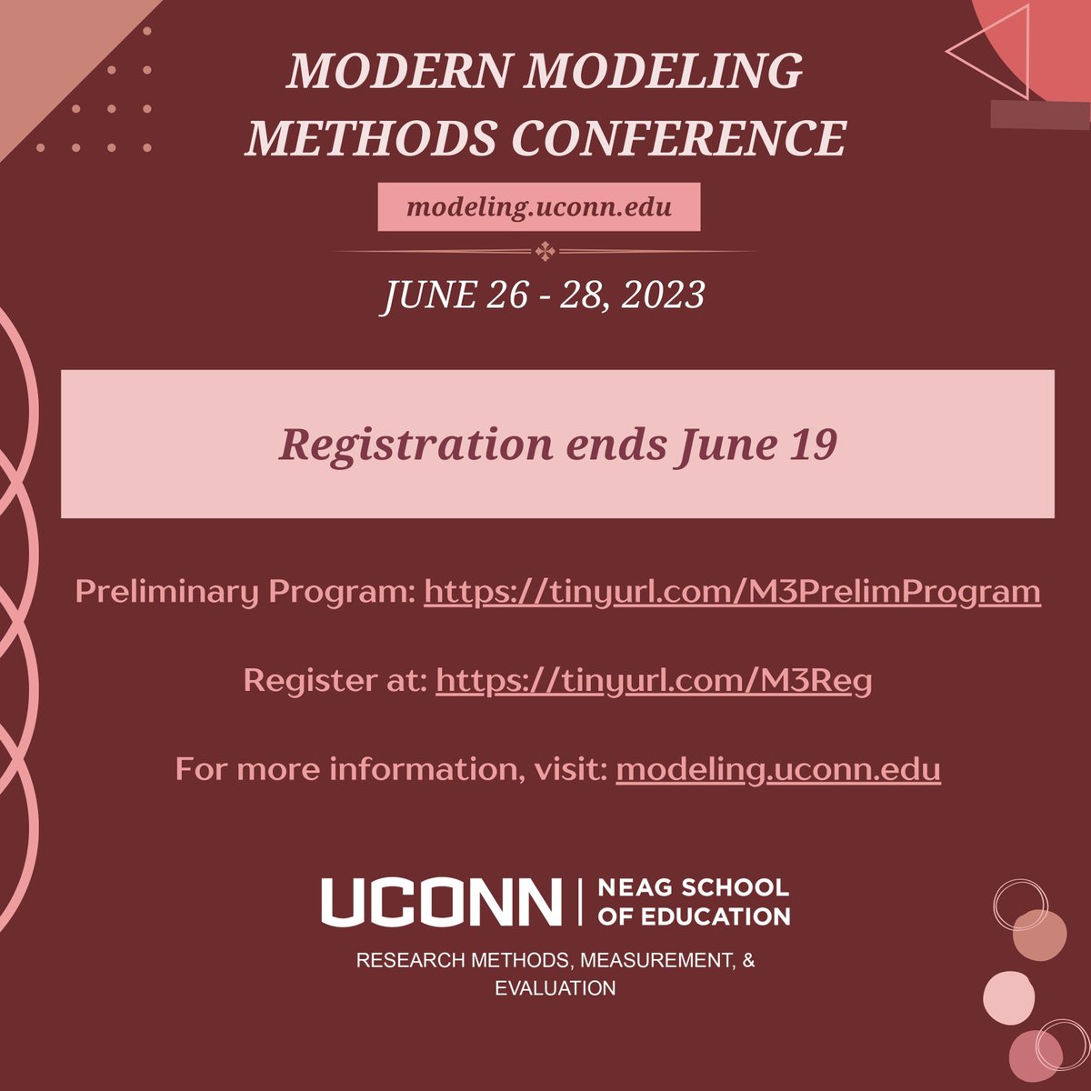 LAST CALL! Registration for M3 ends TODAY, 6/19!!!
#RegisterNow

modeling.uconn.edu
rmme.education.uconn.edu

#interdisciplinary #data #analysis #statisticalanalysis #statisticalmodeling
@b_mmoorhead @BetsyMcCoach @ericloken @_SarahDNewton_ @UConnNeag