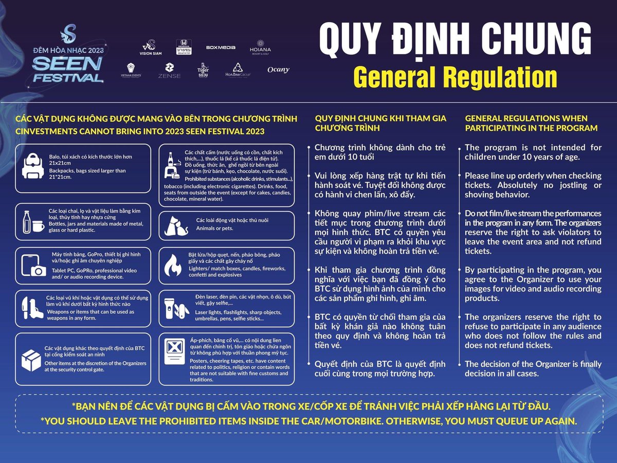 visionsiam's tweet photo. GENTLE REMINDER OF REGULATIONS AT 2023 SEEN FESTIVAL IN HOI AN !!!

Only 01 DAY LEFT TO GO! We'll meet our idols SHORTLY. Don't forget the Safety Rules and Regulations while enjoying the show!

#2023_Seen_Festival_in_Hoian #SEEN_FESTIVAL #VisionSiam #Boxmedia #hoianaresortgolf https://t.co/Zbjz95gKP5