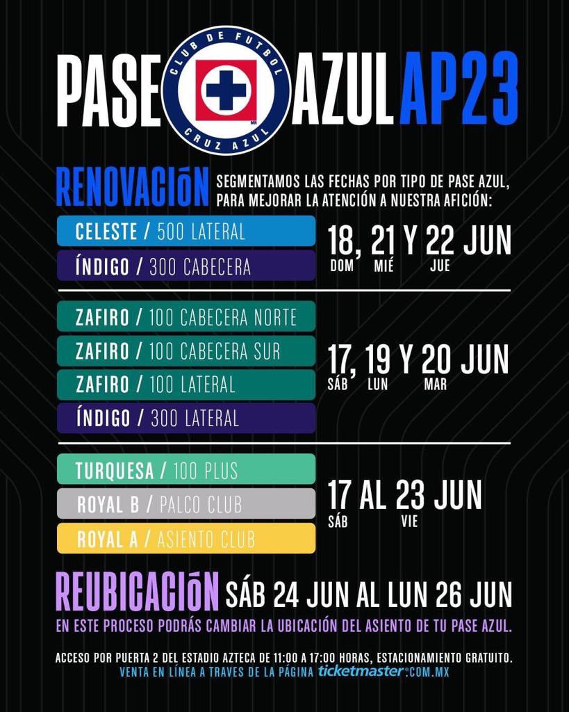 Si vas a renovar tu #PaseAzulAP23,  recuerda que es importante asistir al Estadio Azteca en la fecha asignada. 

No olvides revisar los requisitos en
cfcruzazul.com/pase-azul. 

¡Te esperamos!