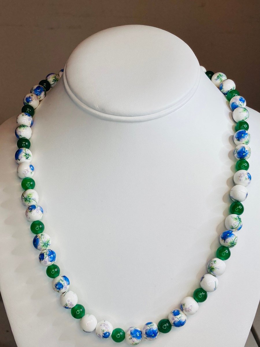 Excited to share the latest addition to my #etsy shop: Blue Purple Flowers with Green Leaves Necklace / Jade Bead Necklace / White Beads with Blue Flowers / etsy.me/3XdVbW7 #men #bluepurplefloral #victoriannecklace #floralnecklace #greenleafnecklace #blueandpur